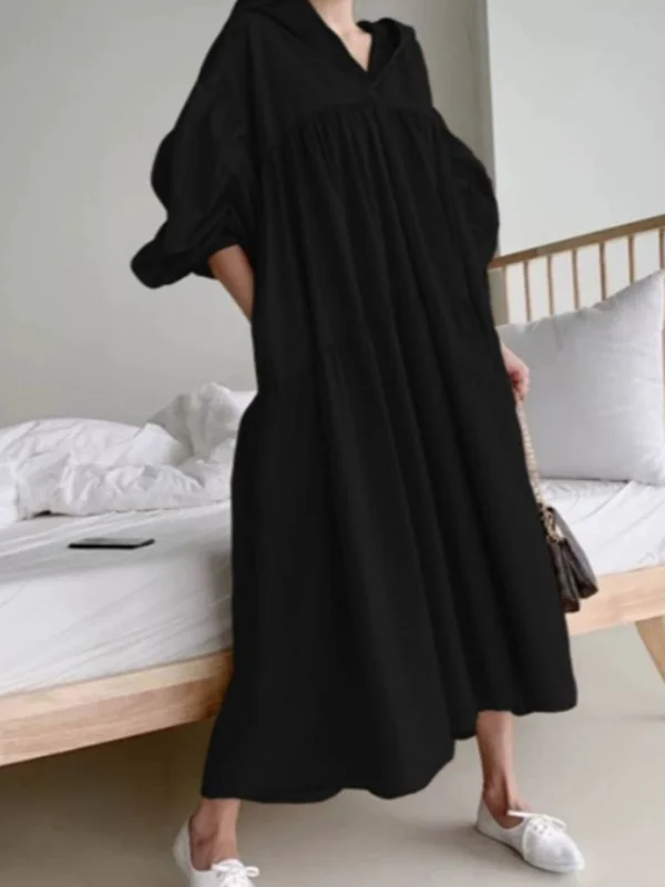 Urban Pure Color Pleated Long Sleeves Hooded Midi Dress
