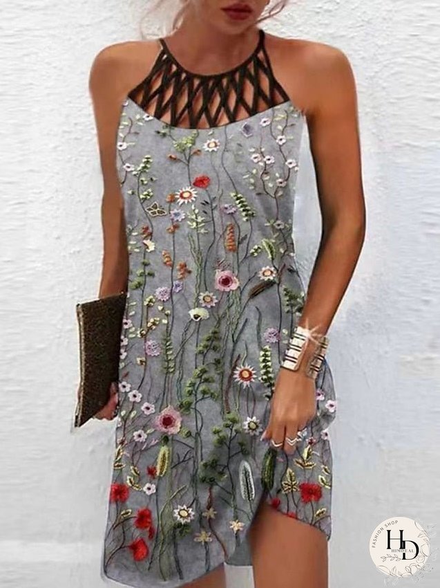 Casual Dress A Line Dress Summer Dress Floral Cut Out Print Halter Mini Dress Active Modern Daily Holiday Sleeveless Regular Fit White Blue Purple Summer Spring S M L XL XXL for Women