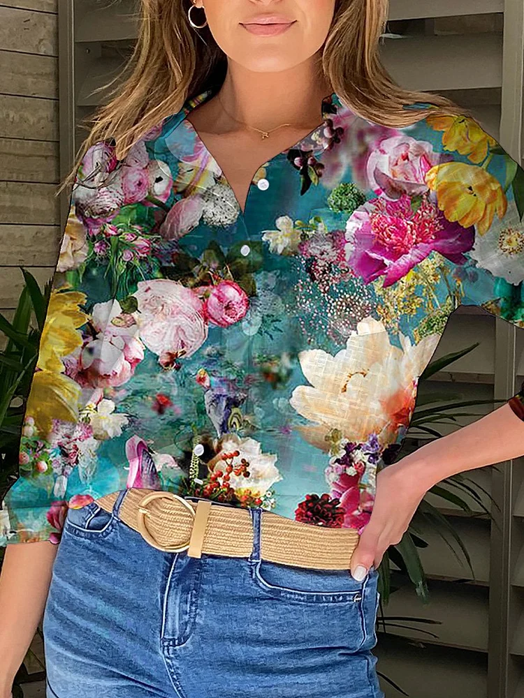 Assorted Floral On Green Background Art Printed Women's Casual Shirt