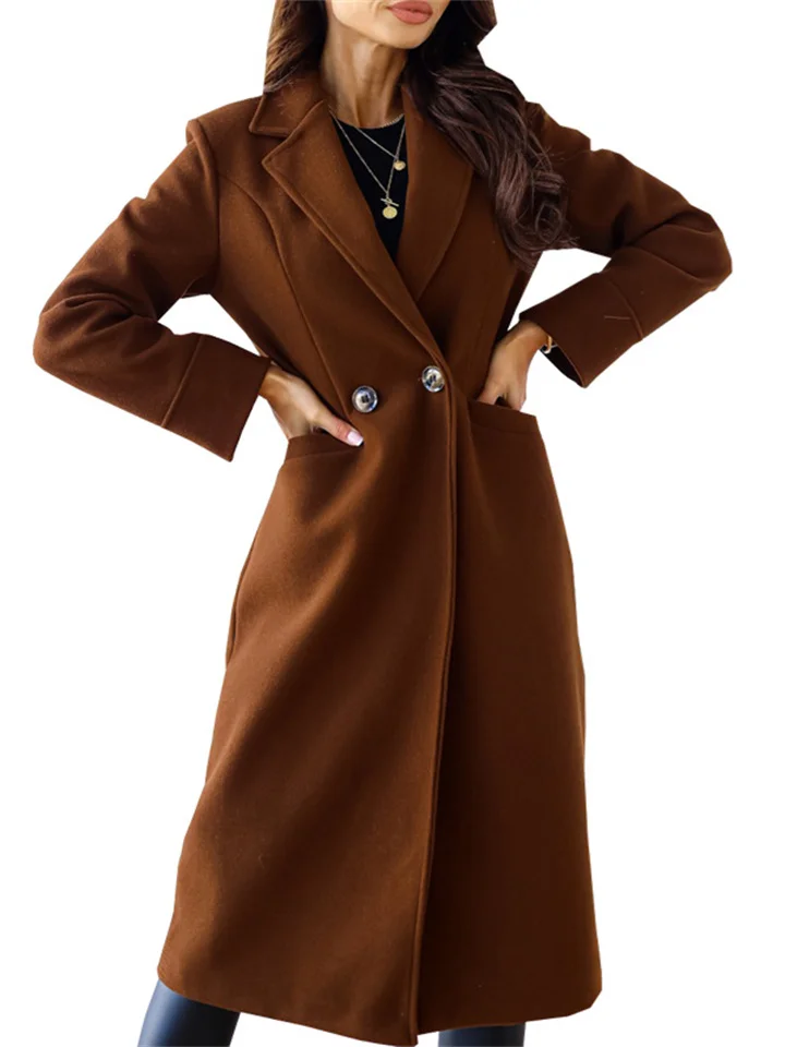 Autumn and Winter New Women's Simple Solid Color Double-breasted Long-sleeved Lapel Button Tweed Jacket
