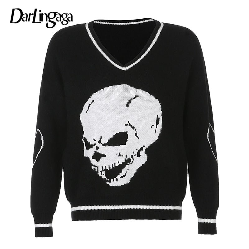 Darlingaga Harajuku Skull Print Loose Autumn Winter Sweater Women Pullovers Casual y2k Knitwear Jumpers 2020 Korean Sweaters New