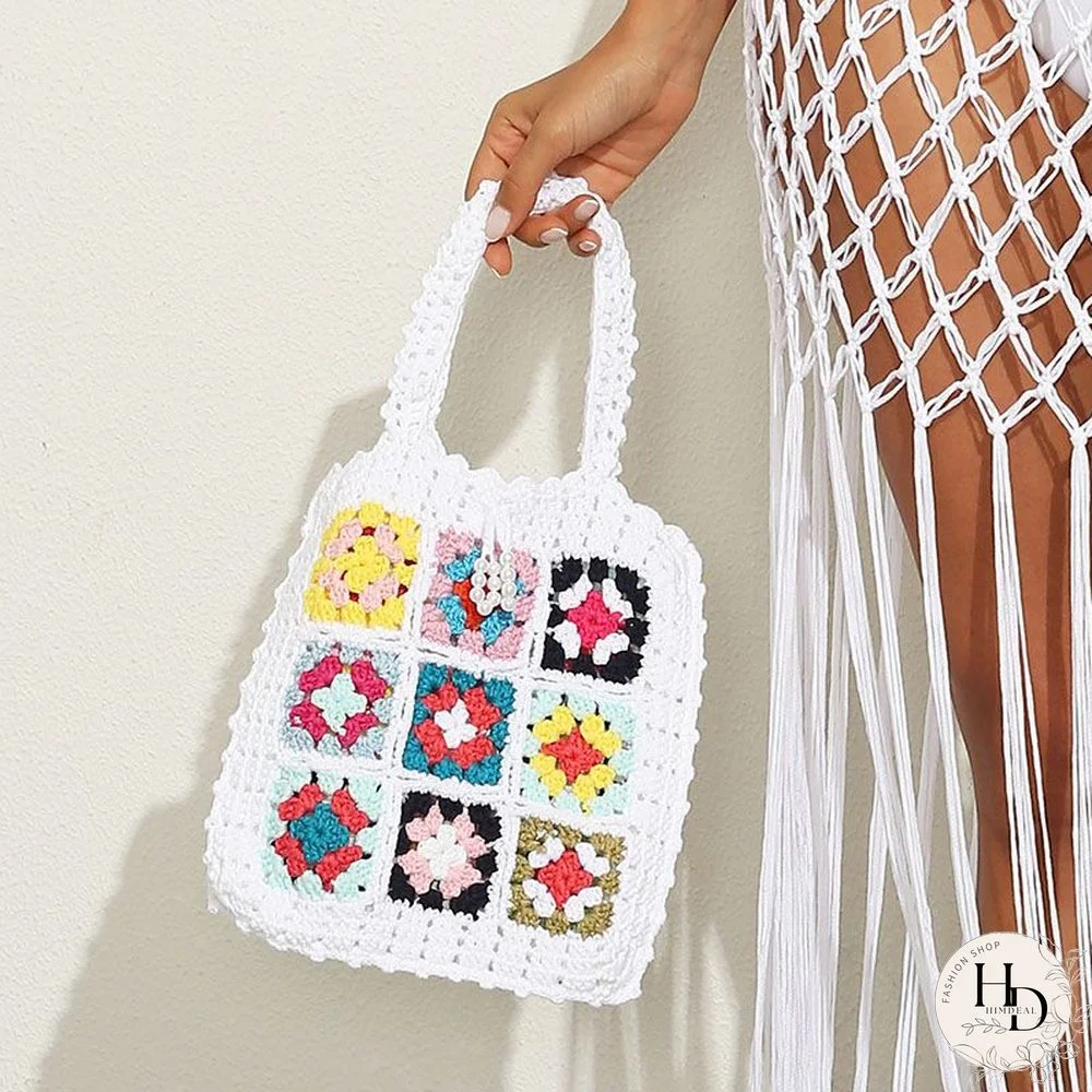 Multi Colors Hand Woven Knit Summer Sunflower Daisy Flowers Tote Bag