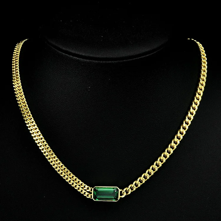 18k Yellow Gold Single and Double Green Diamond Cuban Necklace
