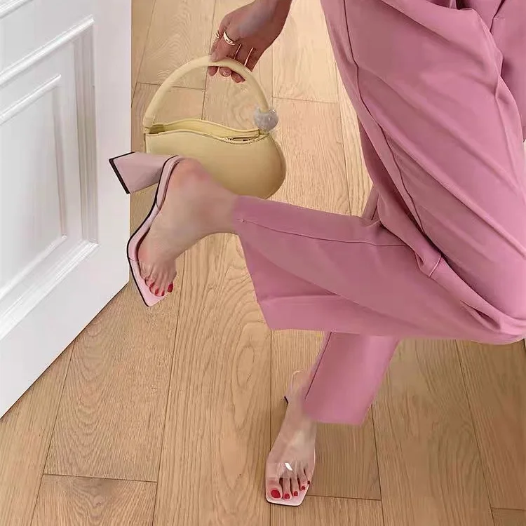 Breakj Breakj White Leg-Growsed Miss 2025 New High Heels Thick Heel Pale Pink Women's Shoes Transparent With Cool Slippers