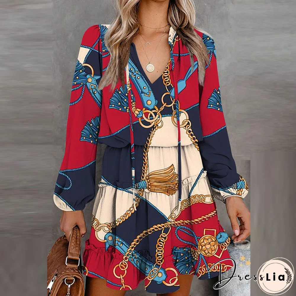 Vintage Floral Printed Mini Dress Women Casual Long Sleeve V Neck Lace-up Early Autumn Dress Fashion Loose Waist Ruffle Dresses