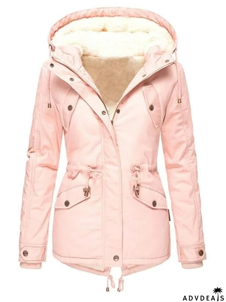 Cozy Fur Lining Full Zipper Waist Drawstring Pocket Hooded Coat