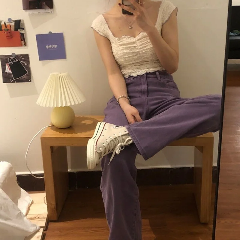 Jeans Women Ulzzang Plus Size Denim Female High Waist Aesthetic Design Full Length Lady Trouseres Vintage College Straight Baggy