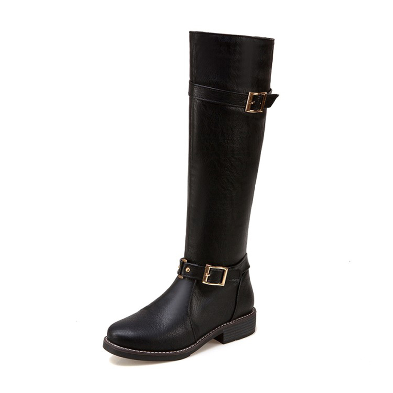 GOOSHOE Double Row Metal Square Buckle Decoration Tan Knee High Boots With Low Heel Zipper Short Plush Lining Women's Boots