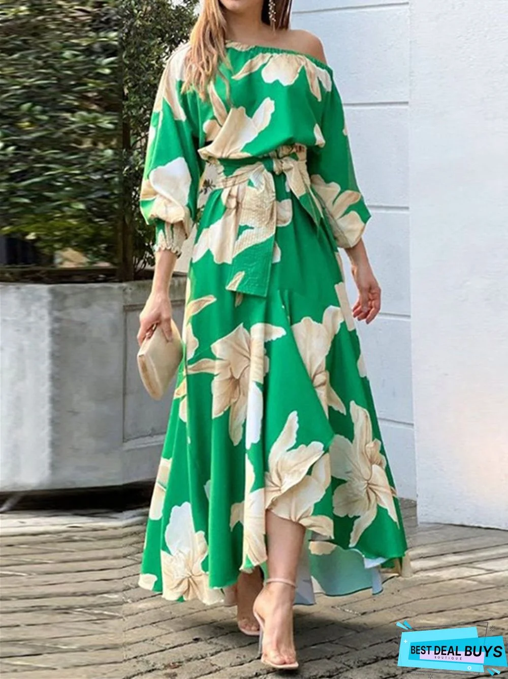 Elegant Printed Lantern Sleeve Long Dress