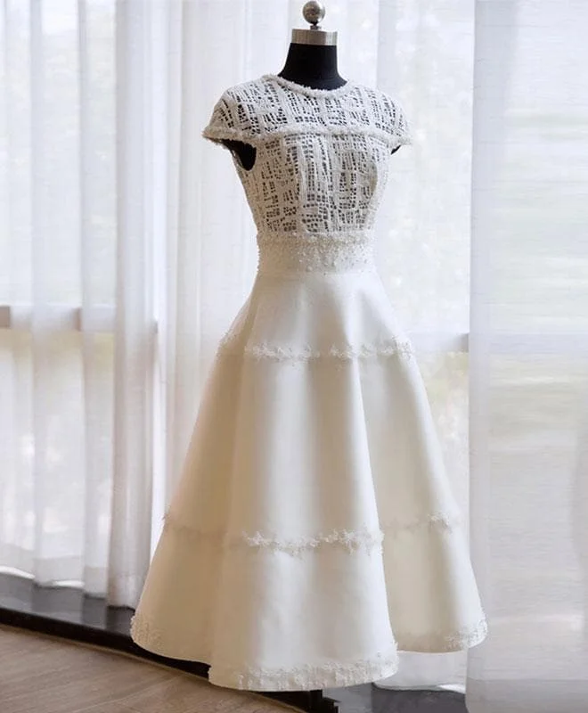 Unique White Lace Short Pro Dress, Evening Dress
