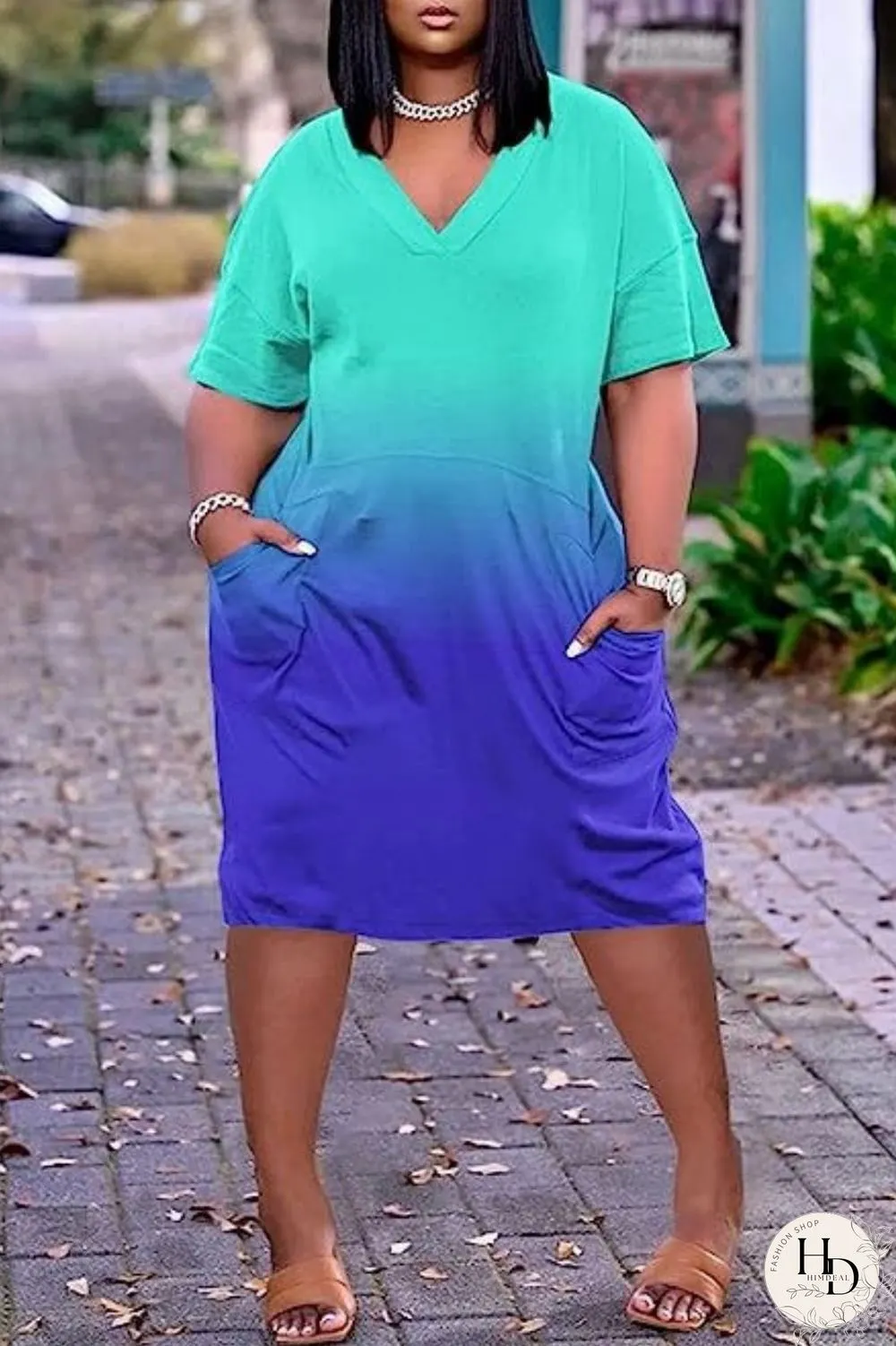 Blue Casual Print Patchwork V Neck Short Sleeve Dress Plus Size Dresses