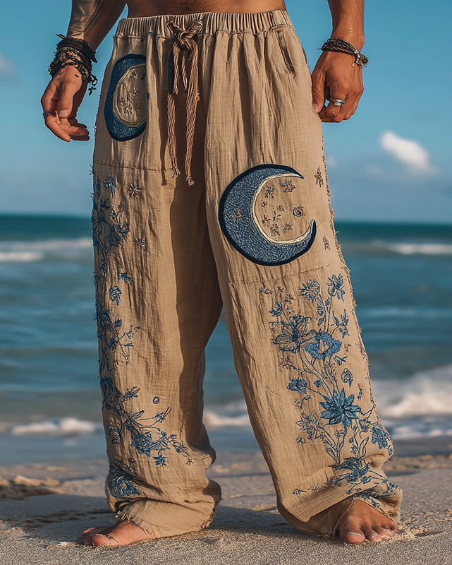 Men's casual star and moon 3D embroidered linen trousers b12f