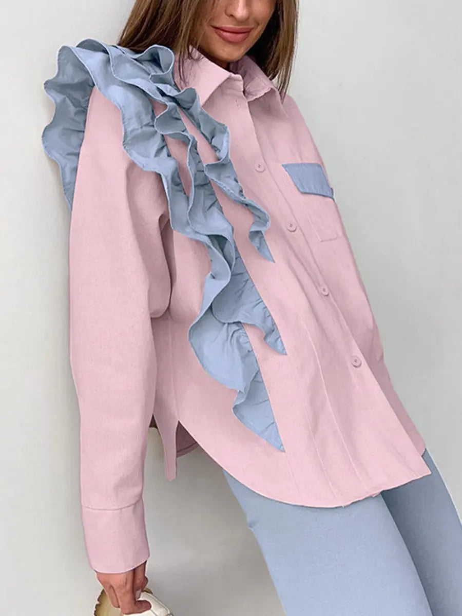 Fashionable Ruffle Trim Turndown Collar  Blouses