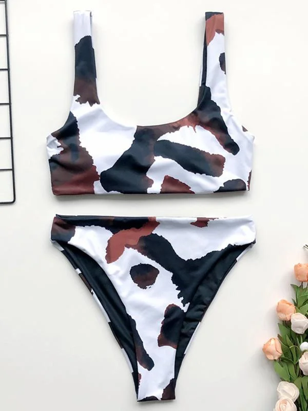 Cow-Print Split Bikini Swimsuit