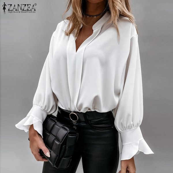 ZANZEA Spring Women Fashion Blouse Tops Plain Full Sleeve V Neck Casual Holiday Club Party Shirt - Chicaggo