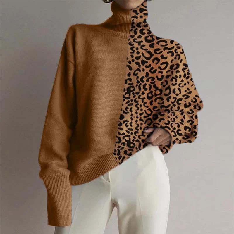 Fashionable Loose High Collar Leopard Stitching Sweater