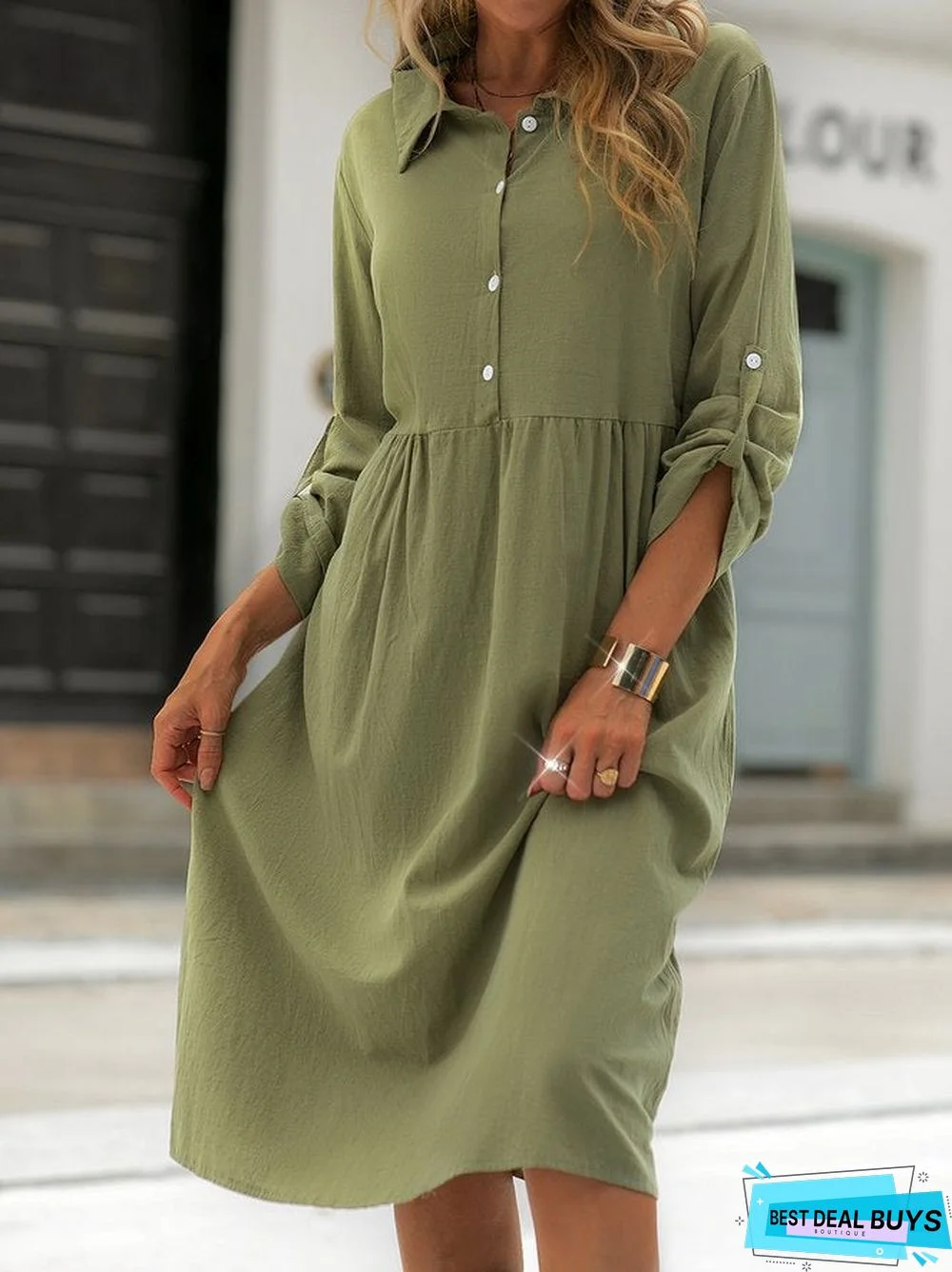 Shirt Collar Shift Long Sleeve Cotton-Blend Dresses Linen