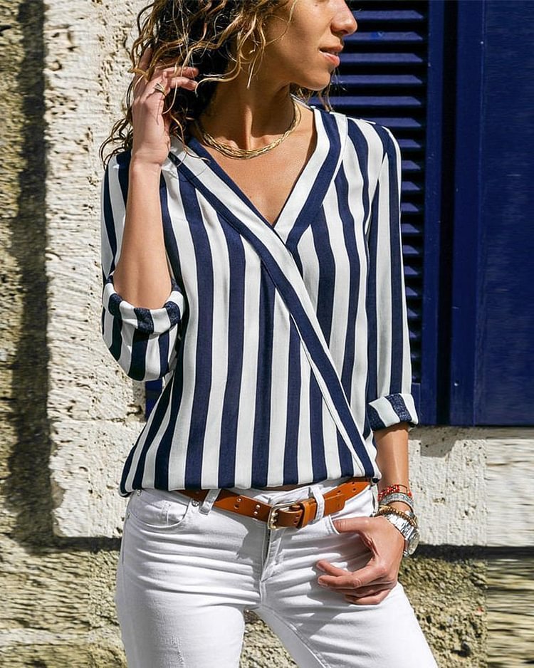 Long Sleeve V Neck Striped Blouse