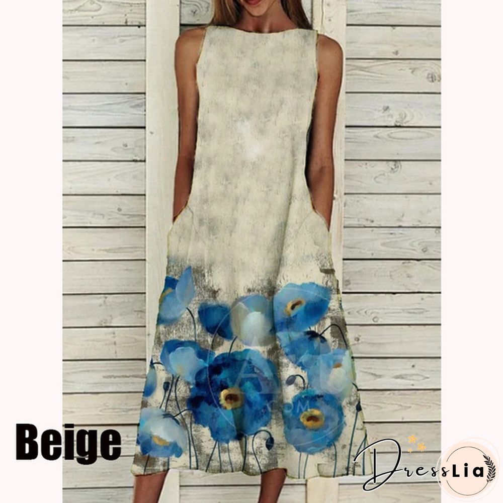 XS-5XL Plus Size Fashion Women Summer Casual Tops Elegant Sleeveless Print A-Line Dress Round Neck Casual Party Dresses Girls Sweet Dress