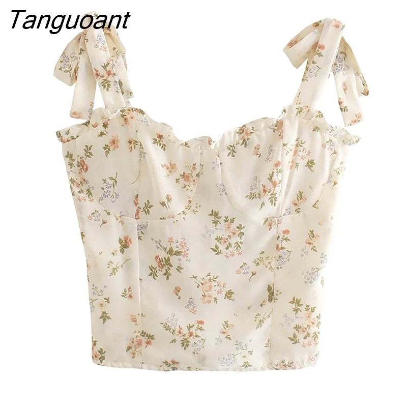 Tanguoant French Tie Bow Strap Fresh Floral Print Camis Women Summer Ruched Short Tank Tops Retro Cool Girl Sexy Slim Crop Top Tees