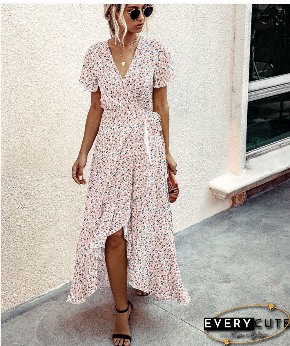 Point V-neck Ruffled Dress