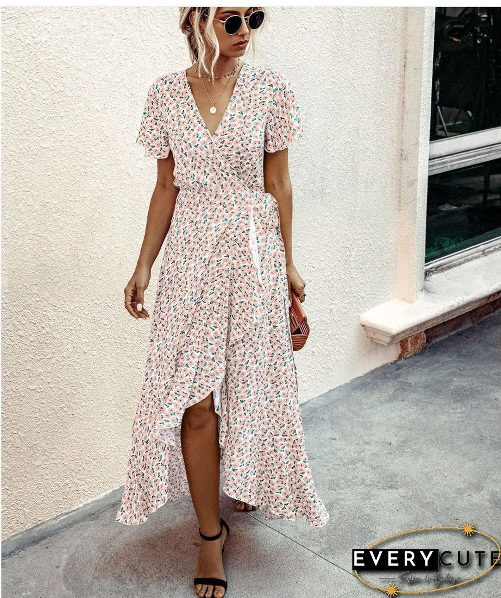 Point V-neck Ruffled Dress