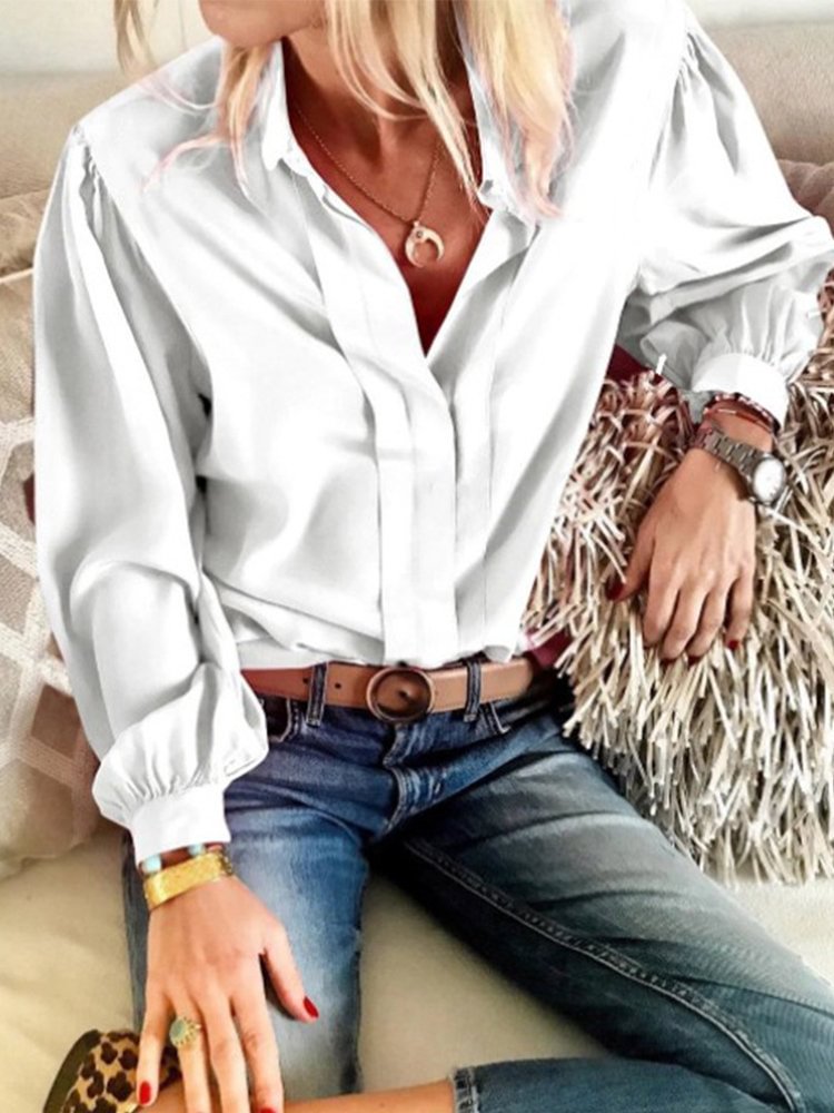 Pleated Long Sleeve Solid Color Casual Shirt For Women P1568657