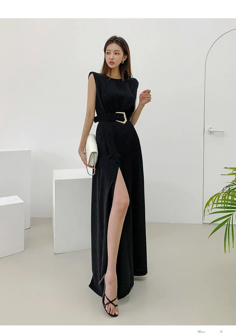 Fashion round neck split wide leg pants professional jumpsuit