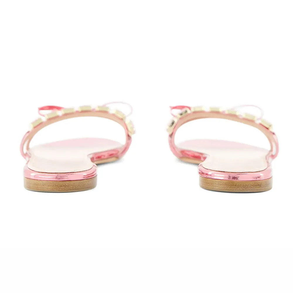 Pink Open Round Toe Slip On Rhinestone Bow Flat Slide Sandals Women
