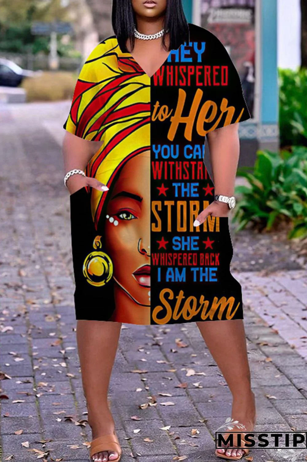 Black Orange Fashion Casual Print Basic V Neck Short Sleeve Dress