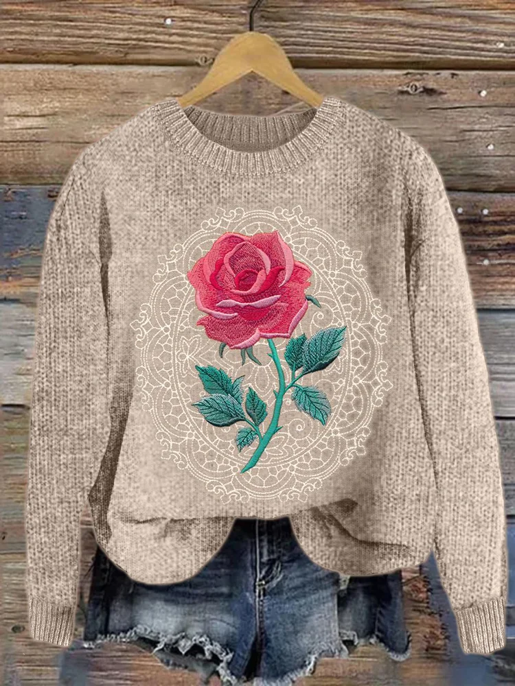 VChics Cottagecore Rose Lace Embroidery Cozy Knit Sweater