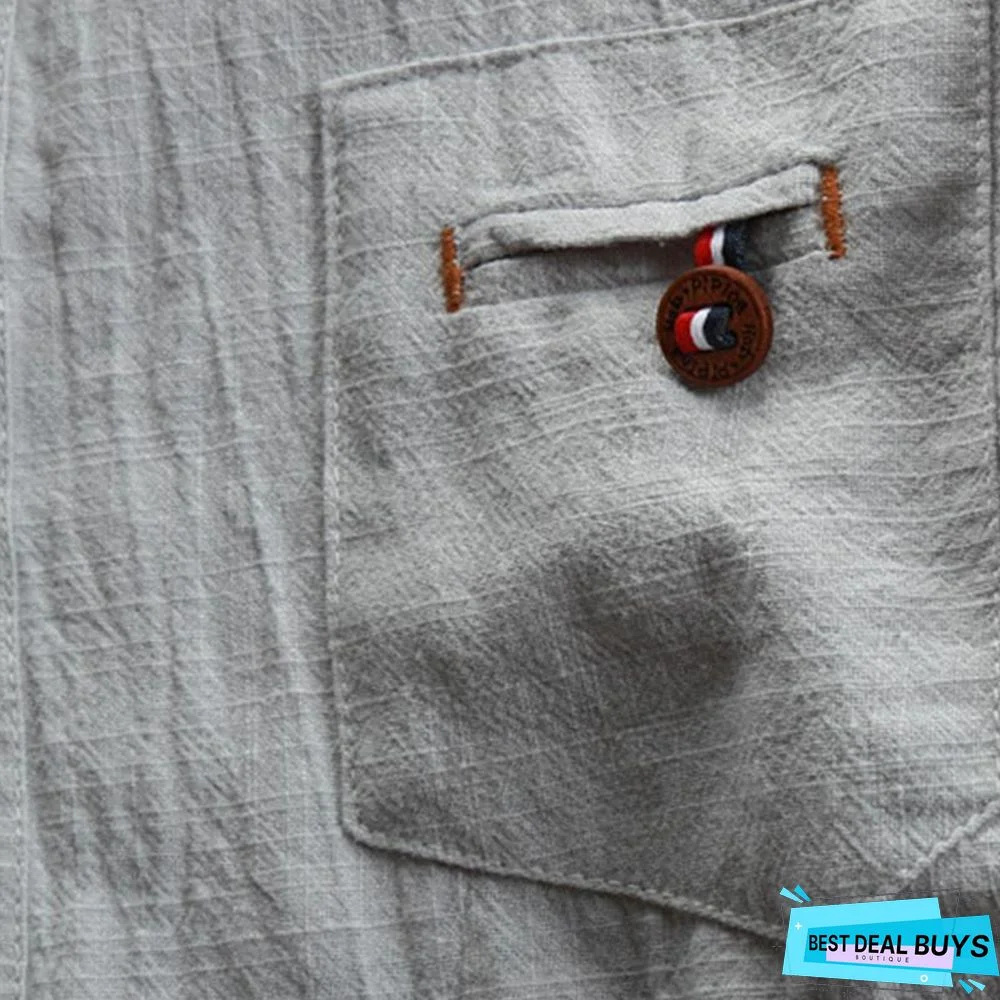 Men Spring/Fall 3/4 Sleeve Loose Turndown Collar Shirts Linen