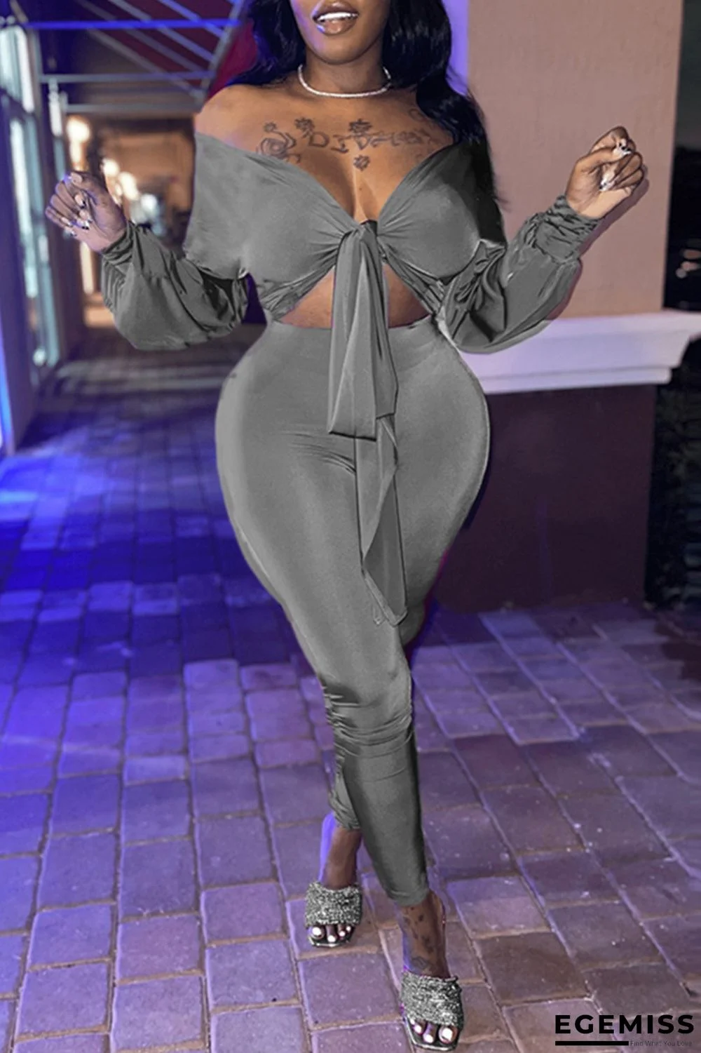 Grey Sexy Casual Solid Bandage V Neck Long Sleeve Two Pieces | EGEMISS