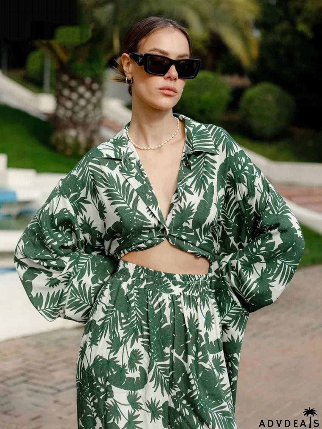 Ashore Shop Tropical Print Long Sleeve Blouse 2 Piece Sets Women Outfit