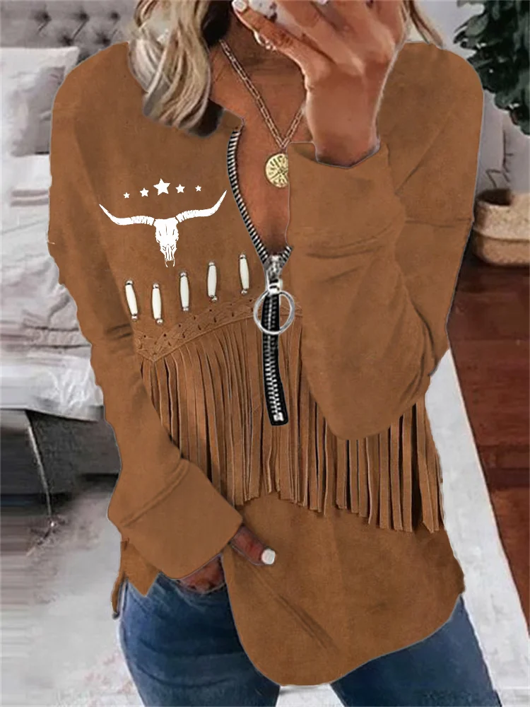 Vintage Western Fringe & Bull Skull Art Zip Up Sweatshirt