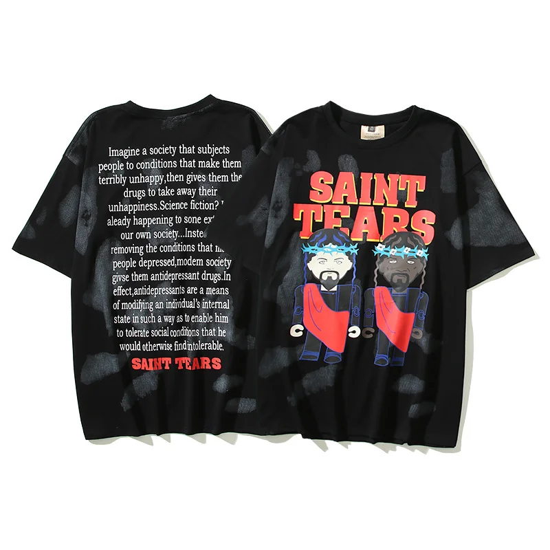 Saint Tears Cartoon Letter T-Shirt Half Sleeve Couple
