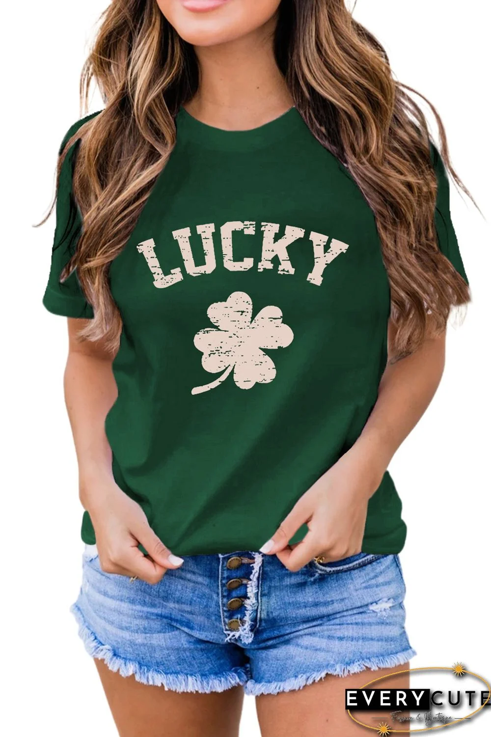 Green St. Patrick's Day LUCKY Clover Print Graphic T-shirt