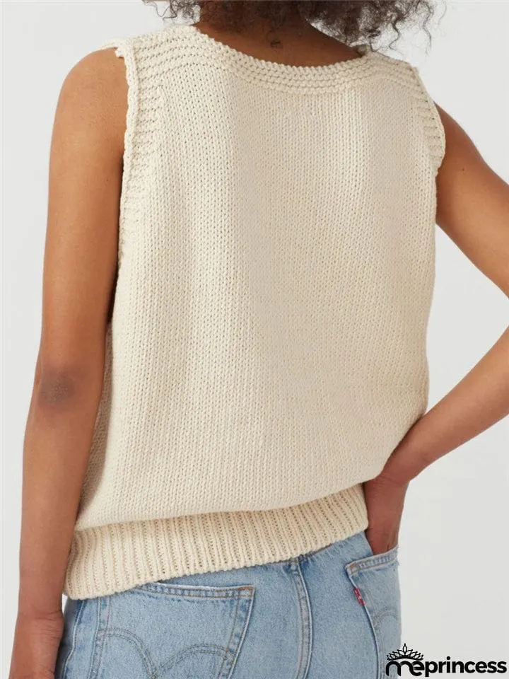 Relaxed Fit Fine Knit V Neck Ribbed Detailing Solid Color Sleeveless Sweater Vest