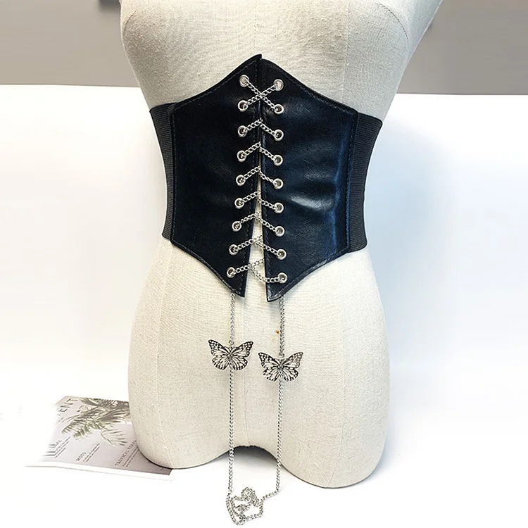Vintage PU Leather Metal Butterfly Chain Lace-Up Waist Cincher