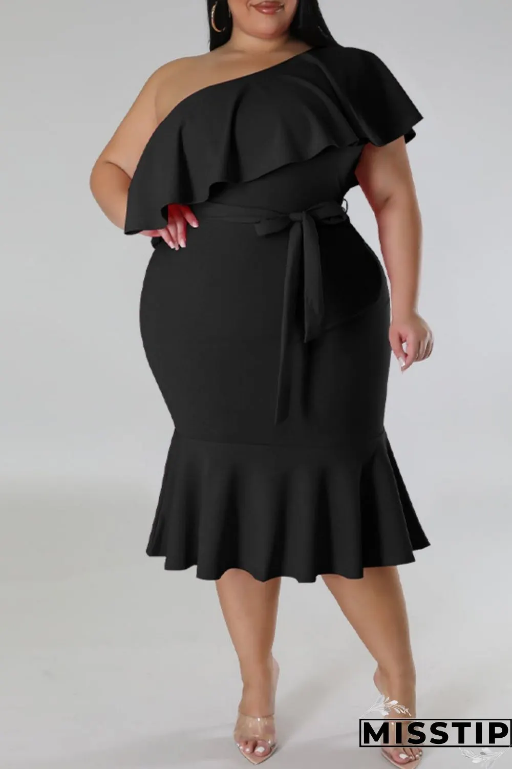 Green Casual Solid Patchwork Backless Oblique Collar Plus Size Dresses