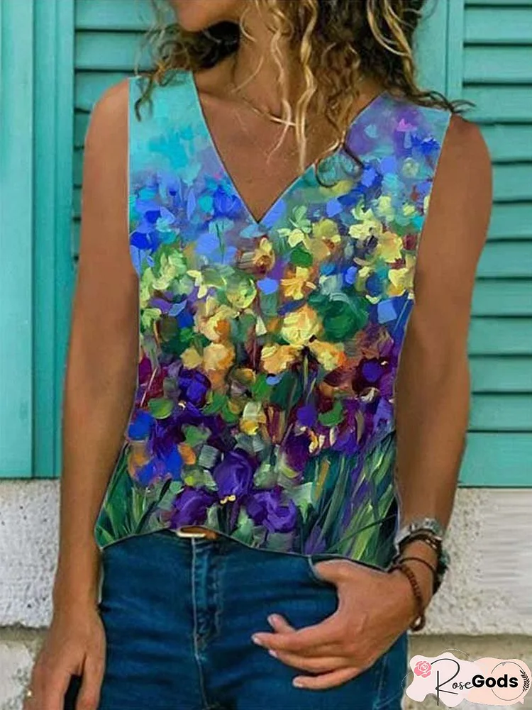 Women's Summer Floral-Print Casual V-Neck Sleeveless Tank Top