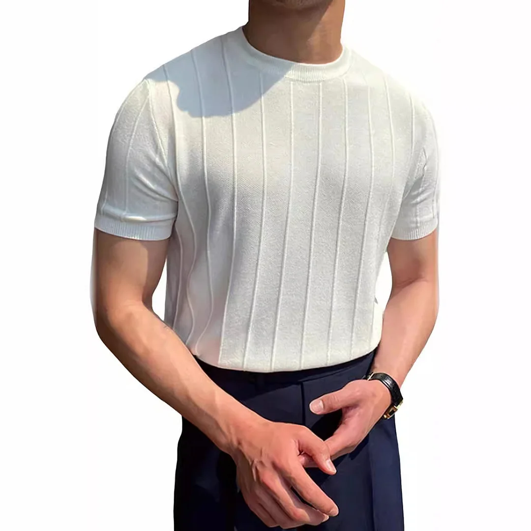 Mongw Mongw Summer New Men's Round Collar Solid Color Long-Sleeved Knit Jacket Hollow Out Breathable Cool Short-Sleeved T-Shirt