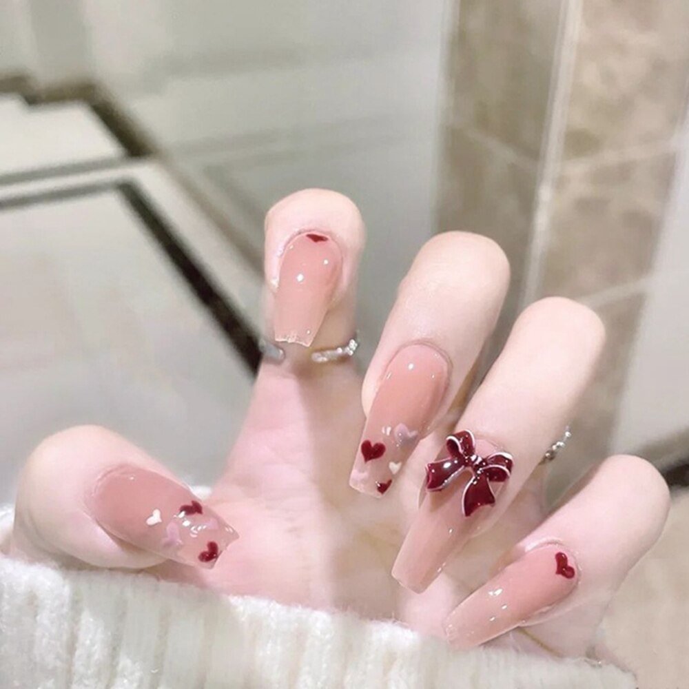 Agreedl On Nails Heart 24PCS Long Ballet Nails Japanese Red Full Cover Nail Tips Design Nail For Women Girls Free Shipping Items