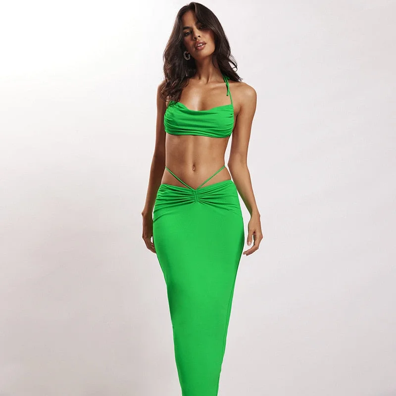 Tawnie 2022 Summer Y2K Dress Sets Women Sexy Halter Backless Crop Top Midi Skirts 2 Piece Sets Elegant Outfits Beach Vacation