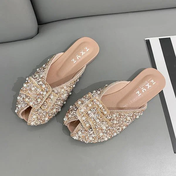 Breakj Women 2021 Loafers Glitter Slides Ladies' Slippers Peep Toe Flat Shoes Female Pantofle Fashion Jelly New Luxury