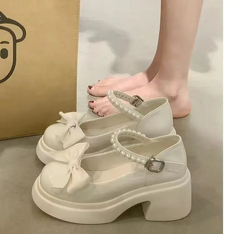 Breakj Breakj Jane Small Leather Shoes Women Thick Soles Raised Sweet Bows Shallow Single Shoes Buckle English Style Women's Shoes