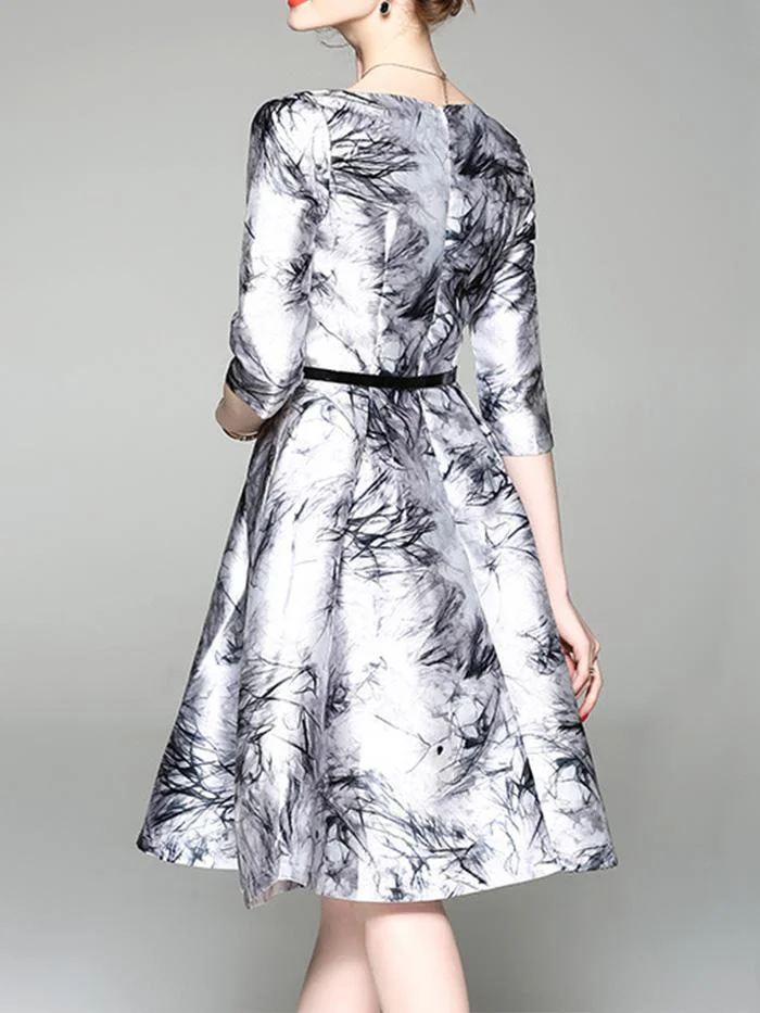 Satin-like Ink Print Umbrella Dress