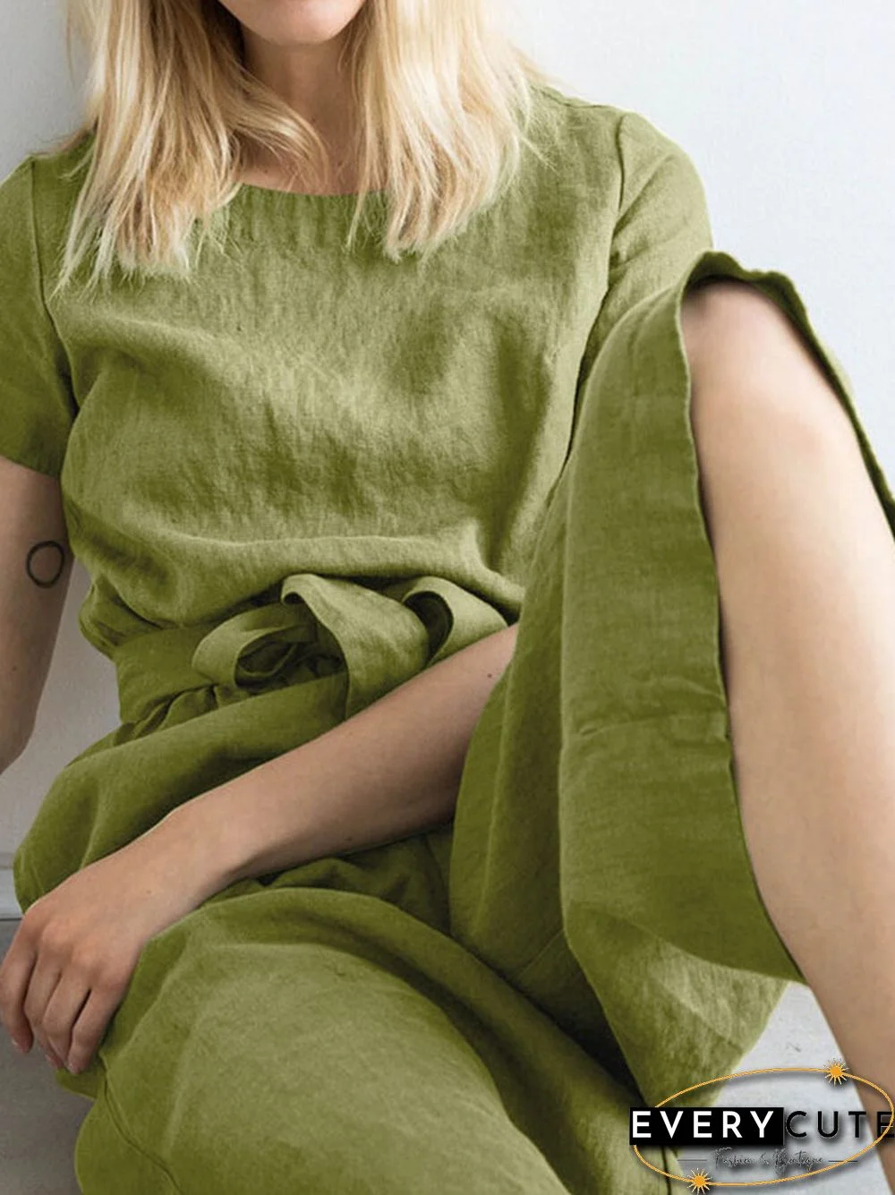 Solid Pocket Short Sleeve Wide Leg Jumpsuit With Belt