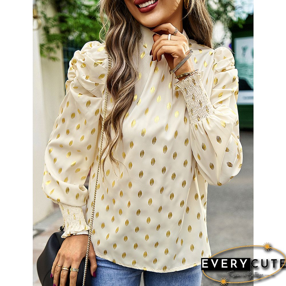 Khaki Polka Dot Pleated Cuffs Long Sleeve Tops