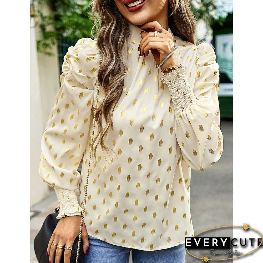 Khaki Polka Dot Pleated Cuffs Long Sleeve Tops